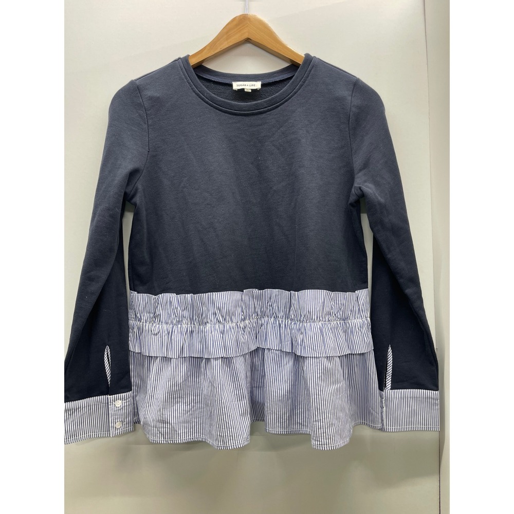 Sugar + Lips Womens Navy Blue Mixed Media Striped Ruffle Peplum Top Small